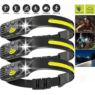 1pc 230° Wide Angle Sensor Headlamp, Dual Light Source 6 Modes Hands-Free Sensor, USB Rechargeable Built-In Battery, 100M Long Beam, IPX4 Waterproof, Elastic Silicone Headband For Comfortable Wearing, Suitable For Outdoor Camping Fishing Cycling Hunting Running Repair
