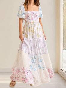 Women Floral Smocked Maxi Dress Short Puff Sleeve Square Neck Bohemian Flowy Dress Y2K Streetwear - Nhiều màu - Xem 6