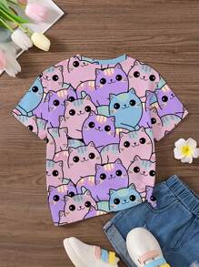 Camiseta de manga corta con cuello redondo y estampado de gato para niñas, top casual para niña joven