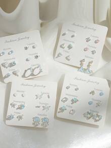 6对/套 甜美酷炫极光精致耳钉 气质耳环 女士新款蝴蝶爱情套装吊坠