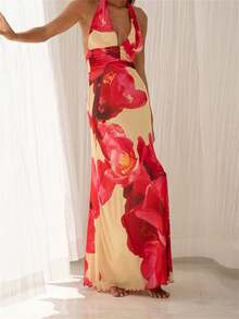 Women Long Dress, Sleeveless Halter Dress Backless Flower/Dots Print Summer Cocktail Dress - 紅色 - 查看 2