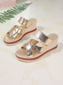 Women's Round Toe Platform Wedge Sandals, Suitable For Daily, Commute, Outdoor, Office, Campus Wear, Criss-Cross Straps, Suitable For Summer, Glamorous & Elegant, Lightweight, Breathable, Gold Sandals, Silver Slippers - Gold - View 2