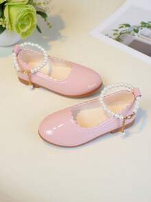 Soft Pink Pearl Rim Floral Trim Girls Shoes - Pink - View 1