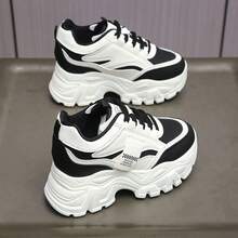 Women's Platform Chunky Sneakers, Color Block Casual Sports Shoes, Comfortable Non-Slip Lace-Up Fashion Chunky Sneakers, Short Girls' Height Increasing Platform Shoes - Black - View 10