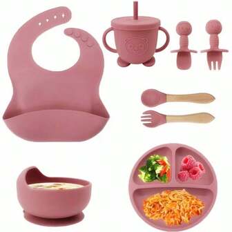 8件/6件/5件/4件硅胶喂食套装，包括吸盘碗、叉子、勺子、围兜和杯子，培养自主进食技能，可用洗碗机清洗，适合6个月及以上婴儿