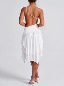 Elegant Women's Camisole Short Skirt - Asymmetrical Hem With Hollowed Out Pleats, Sleeveless Camisole Style, Semi Transparent High Elasticity Fabric, Suitable For Parties, Gatherings, Cocktail Parties, Dances, And New Year Celebrations - White - View 5