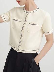 Rikumo 女士撞色滚边圆领短袖开衫，夏季/冬季 - 米色 - 查看 4