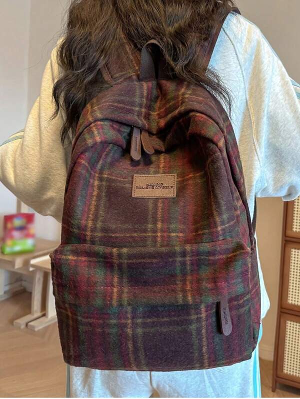 Letter Color Blocking Women's Functional Backpack, British Retro Plaid Woolen Small Capacity Backpack, Casual Bookbag, Student Bag, Without Pendant
