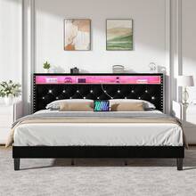 LED Bed Frame With Storage Shelf Headboard, Velvet Upholstered Bed Frame With Charging Station, Modern Bed Frame With Diamond Tufted Headboard, No Box Spring Needed, White/ Black, Full/ Queen/ King  (USB LED Strip) - màu đen - Xem 12