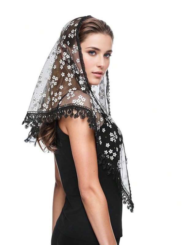 1 Stück Damen einfarbiger Blumen Spitze Quasten Dreieck Schal, atmungsaktiver Sonnenschutz Schal für Frühling Sommer Herbst, täglicher eleganter dekorativer Kopfschal