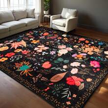 Area Rug For Living Room, Low Pile Non Slip Floral Printing Carpet, Washable Rug For Bedroom Dining Room Playroom Office - 黑色 - 查看 2