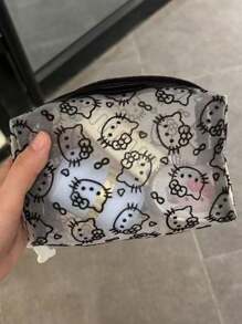 Sanrio 1pc Kitty Flocked & Mesh Portable Cosmetic Bag, Large Capacity Makeup Storage Pouch, Practical For Outdoor Use