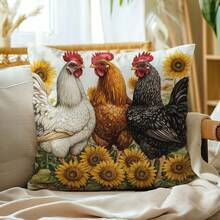 1pc Farmhouse Style Chicken & Sunflower Decorative Throw Pillow Cover, Soft Peach Skin Velvet Fabric, 45*45CM Cushion Cover, Suitable For Room, Sofa, Living Room, Party Decor, Gift - Multicolor - View 1
