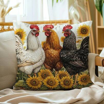 1pc Farmhouse Style Chicken & Sunflower Decorative Throw Pillow Cover, Soft Peach Skin Velvet Fabric, 45*45CM Cushion Cover, Suitable For Room, Sofa, Living Room, Party Decor, Gift