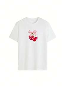 Disney Camiseta de mujer de manga corta de cuello redondo con estampado de cerezas y Mickey en estilo casual y suelto, colaboración Disney, color blanco, talla S