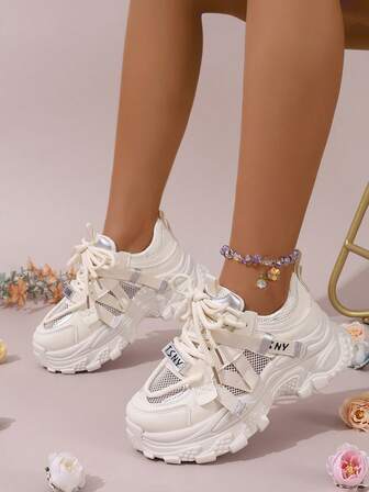 女士厚底运动鞋，圆头厚底鞋，欧美风运动鞋，时尚运动鞋，拼色运动鞋，金属厚底运动鞋，女士运动鞋，系带运动鞋