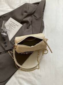 新款春夏撞色条纹编织草编单肩包，时尚字母贴花女士链条单肩包，休闲度假编织斜挎包 - 米色 - 查看 9