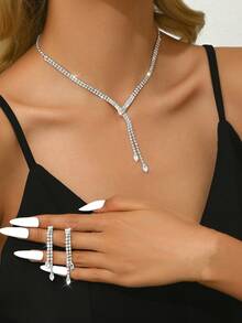 Fashionable Luxury Simple Rhinestone Chain Necklace And Earrings Set, Suitable For Women's Everyday Wear - Silver - View 4