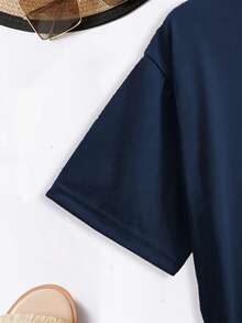 تيشيرت نسائي بطبعة قلب نمر أزرق داكن - كاجوال بياقة مستديرة وأكمام قصيرة، مناسب لعيد الحب، ملابس علوية نسائية - أزرق بحري - مشاهدة 4