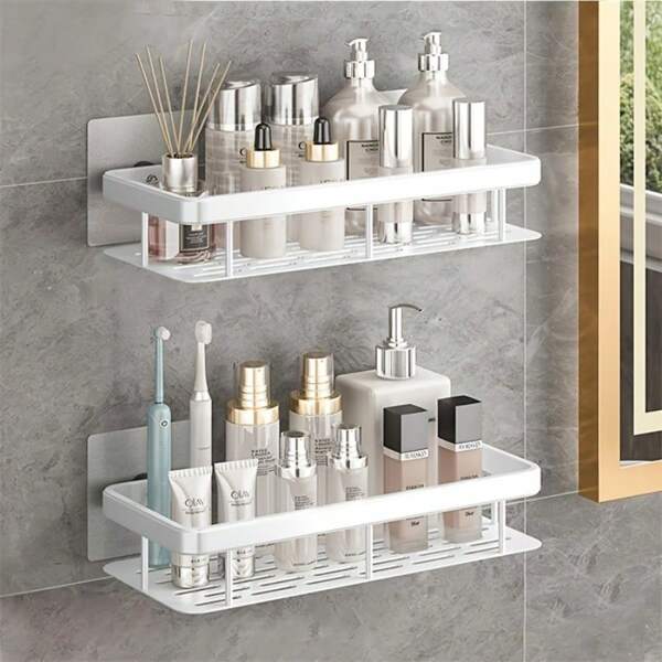 One Layer Bathroom Rack, Wall-Mounted Non-Drill Hanger, Rust-Resistant Polished Metal Shower Storage Box, Space-Saving Shampoo And Conditioner Organizer, Other Materials Back To School