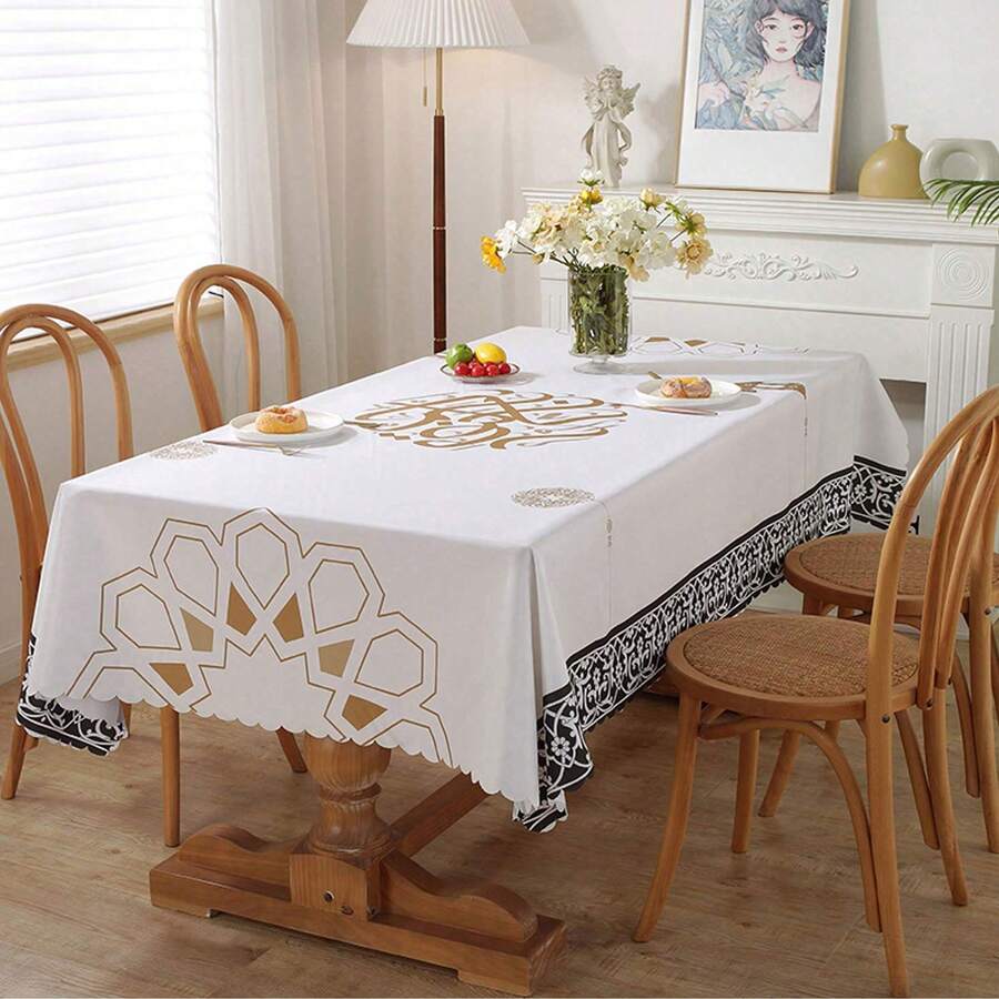1pc White Luxury Tablecloth, Non-Slip, Waterproof, Oil-Resistant Rectangular Tablecloth, Suitable For Holiday Decor, Home & Restaurant (Pattern Random) - White - View 1