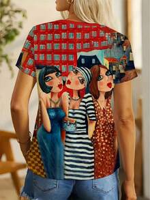 女士时尚拼接图形印花圆领短袖T恤，活泼的图案设计，休闲夏季上衣，适合休闲