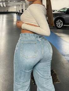 Large Size Women's Denim Jeans - Wide Leg Loose Mid Waist Boyfriend Jeans, Y2K Style Denim Pants - Rửa nhẹ - Xem 3