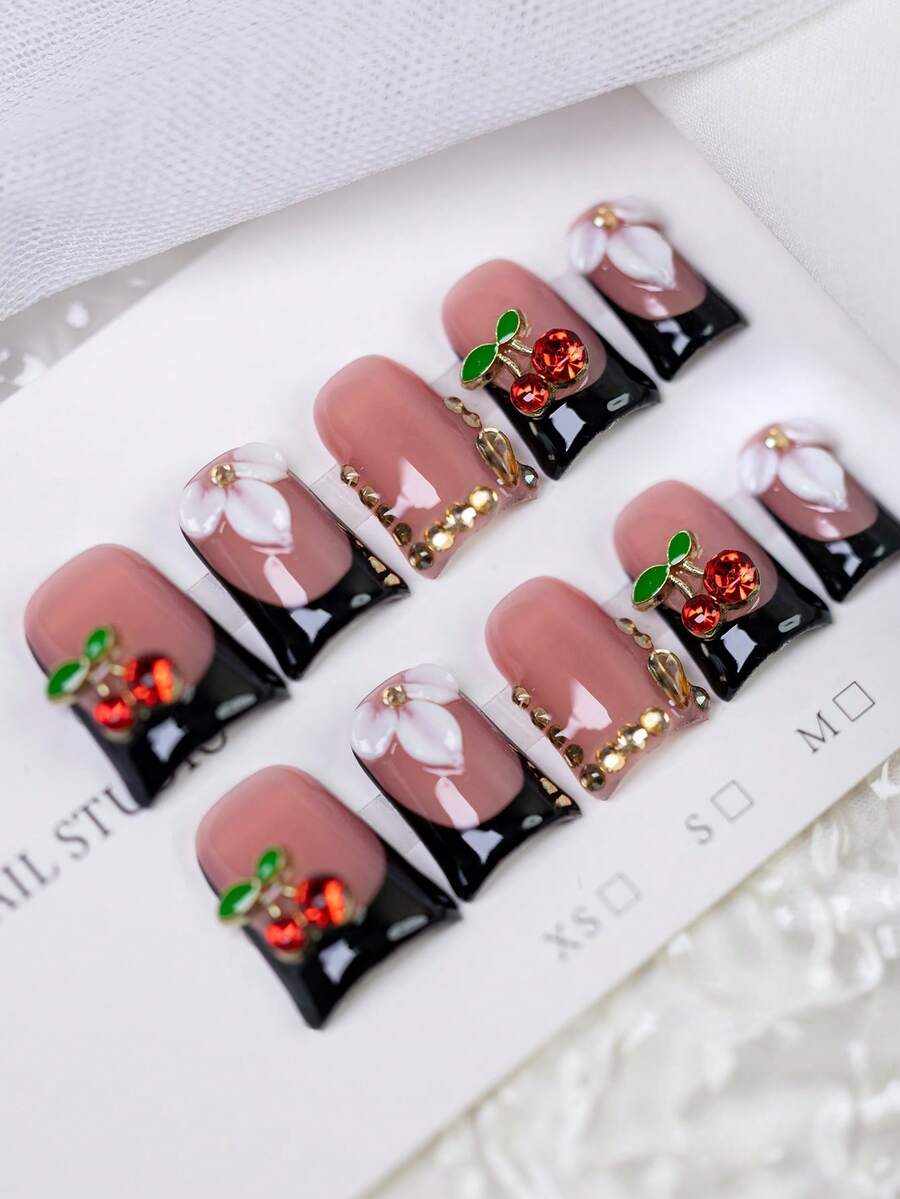 Bộ 10 móng tay giả ngắn hình mỏ vịt màu đen và đỏ Y2K, móng giả thủ công hình hoa 3D, thiết kế hoa trắng 3D, trang trí quả anh đào bóng, đính đá, nghệ thuật làm móng sang trọng và cao cấp, phù hợp cho sử dụng hàng ngày, giải trí, kỳ nghỉ, nơi làm việc, lễ hội, món quà không thể thiếu cho mùa hè, món quà tốt nhất dành cho phụ nữ và các cô gái. - Nhiều màu - Xem 1