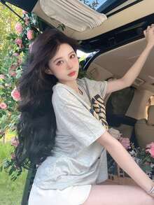 Letter Print Loose Fit Crew Neck Short Sleeve T-Shirt, Versatile Gray Top - Grey - View 3