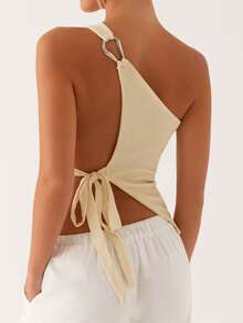 Off One Shoulder Tank Tops For Women Solid Stylish Side Tie Design Summer T-Shirt - 淺黃色 - 查看 3