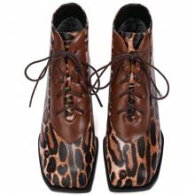 TDD Leopard Print Boots For Women Square Toe Lace Up Ankle Wide Calf Booties Botas Para Mujer Leather Chunky Block Dress Warm Lined Cowboy Cowgirl Ladies 2 Inch High Heels