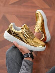 New Fashionable Casual Glossy Solid Color Lace-Up Low-Top Sneakers For Men, Youth And Couples Unisex Skate Shoes With Anti-Slip And Durable Soles, Suitable For Outdoor Activities And Daily Wear