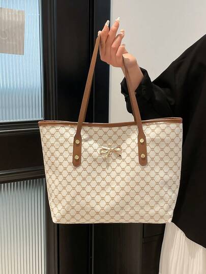 新款时尚女士大容量全身印花设计字母图案装饰设计双手柄手提包适合工作和通勤、书包、大容量、便携、经典休闲、商务休闲、适合少女、女大学生、白领、适合工作、返校、中学、高中、大学、度假、时尚拉链手提包