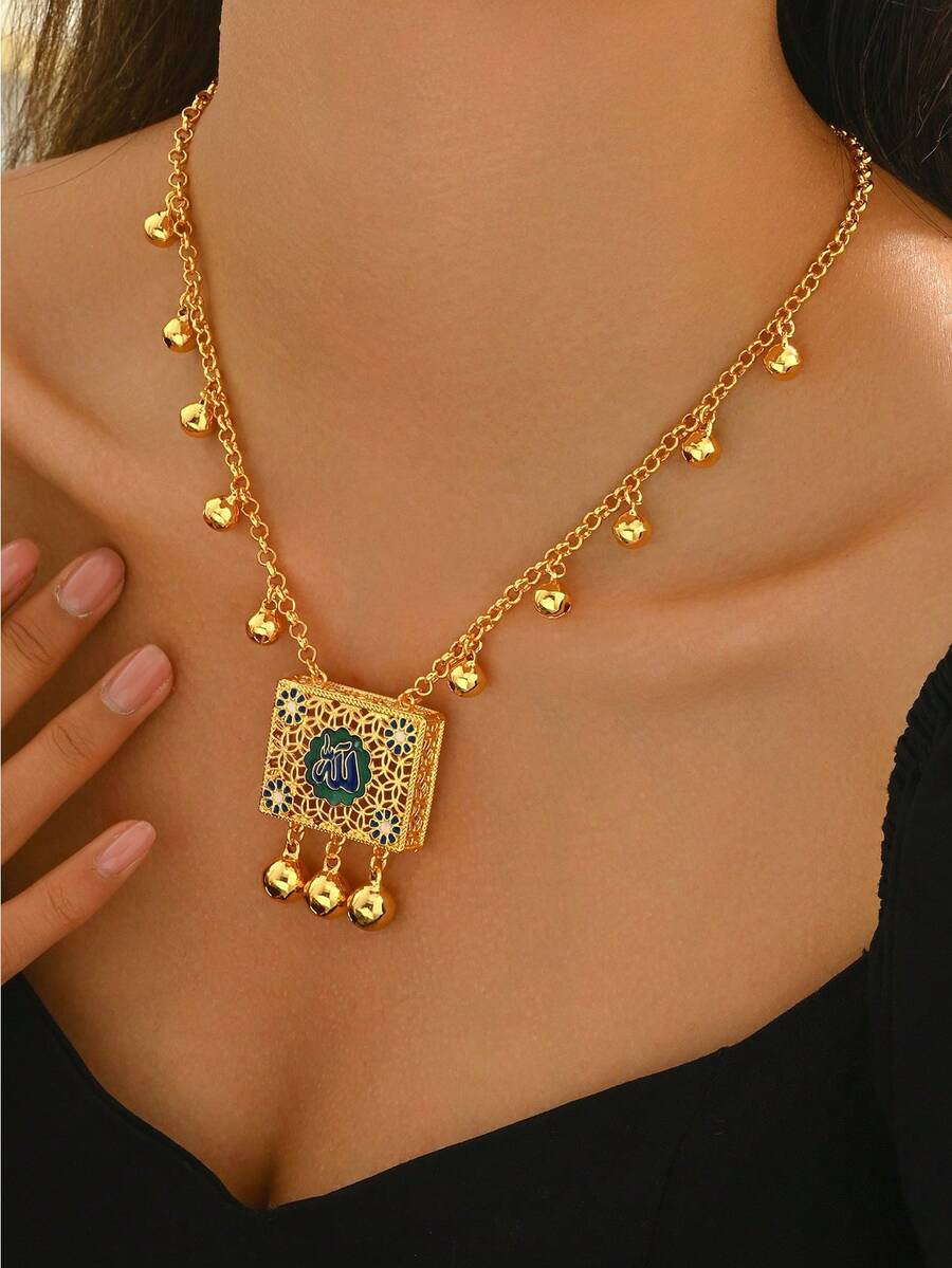 1pc Vintage Geometric Hollow Square Pendant Necklace With Bell Charm, Elegant For Women Party Wear - Multicolor - View 1