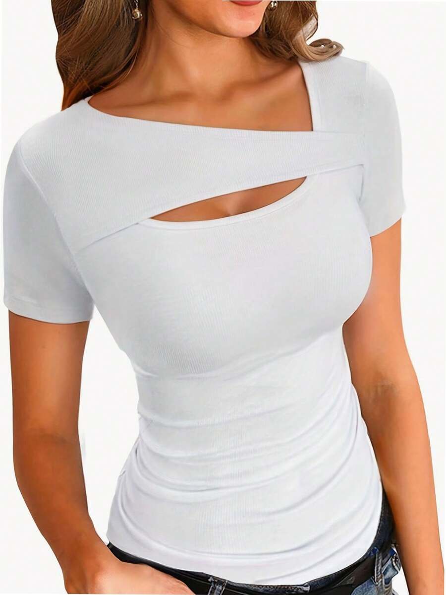 QUEENTI Women's Fashion Clothing Jumpsuit Skeleton Blouse Short Sleeve Slim Shirt T Shirt - 白色 - 查看 1