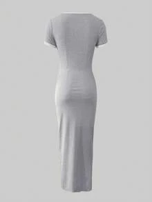 LovelyWholesale 女士休闲圆领短袖撞色修身长连衣裙，适合夏季日常穿着