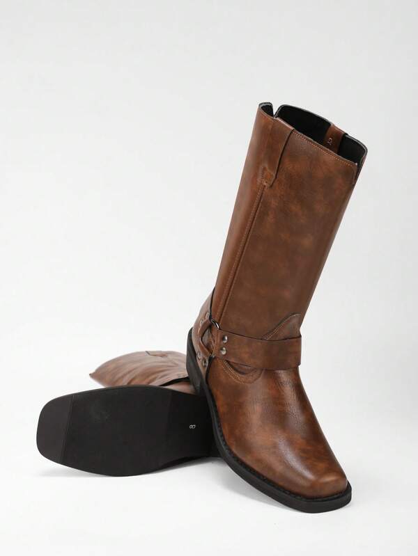 British Western Boots, Mid-Calf Length Boots With Side Zipper, Retro Knight Boots, Men's High-Top Boots, Boots With White Contrast Stitching