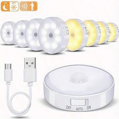1/3/6pcs USB Rechargeable Motion Sensor Lights, 8 LED Removable Wireless Night Lights, Free To Place Or Hang On The Wall, With Adjustable Color Temperature, Semi-Recessed Yellow Exterior And Garden Ceiling Lights, With Mounting Hardware And Button Control, Suitable For Stairs, Closet, Bedroom, Bedside And Closet Lighting, Warm/White Light Options Available, Perfect For Home, Bar, Restaurant And Hotel Decor With 250mAh Battery