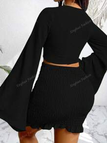 Women Summer Vacation Solid Color Knot Front Crop Flare Sleeve Top And Shirred Bodycon Mini Skirt Vacation 2-Piece Set