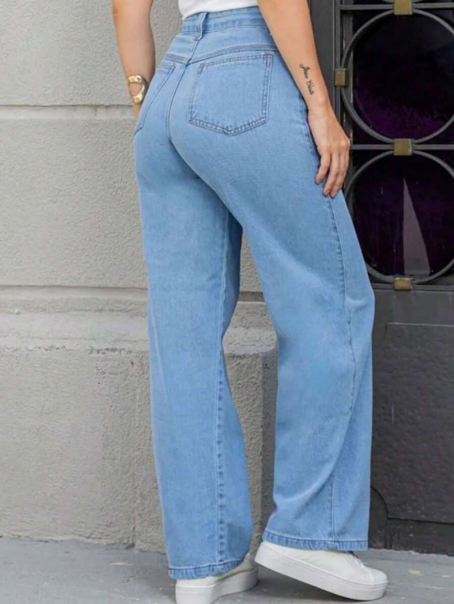 Vaqueros Rectos Casuales para Mujer, Pantalones de Denim de Cintura Alta con Bolsillos, Color Sólido, Elasticidad Media - Agua verde azul - Ver 1