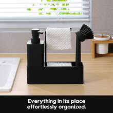 四合一哑光黑条纹皂液器，带托盘、洗碗刷、海绵和不锈钢毛巾架，适用于厨房台面，厨房用品，厨房配件，厨房工具