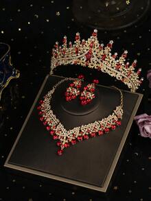 4pcs/Set Tiaras And Crowns For Women Earrings Necklace Crystal Bridal Jewelry Set Costume Party Halloween Prom Pageant Bridal Headpiece For Women Mother's Day Gift - 紅色 - 查看 3