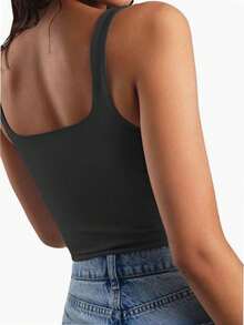 QUEENTI Women's Sleeveless Corset Top Square Neck Fitness Basic Corset Tank Top - 黑色 - 查看 2