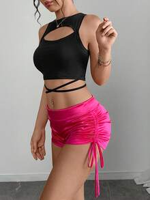 Casual Music Festival Party Sexy Low Waist Elastic Drawstring Solid Color Adjustable Mini Shorts - Hot Pink - View 9