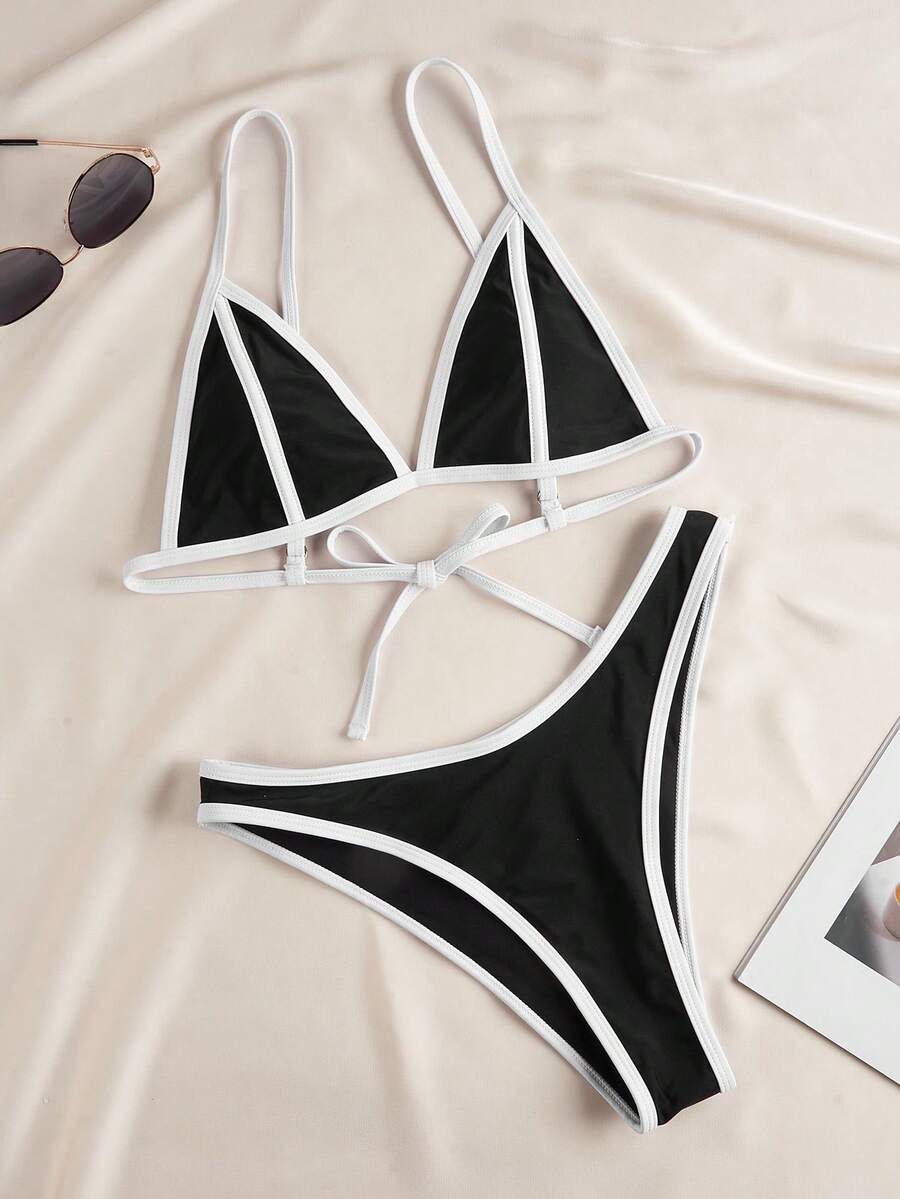 2025 Black Lace-Up Bikini Top & Fixed Bottom Summer Beach 2Pcs Swimsuits For Women