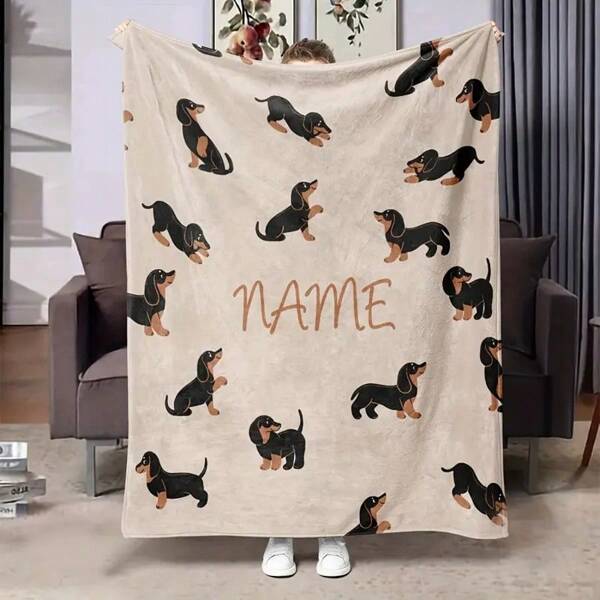 Individualisierte Flanelldecke mit Dackel Muster und Wunschnamen - weich, warm und kuschelig, geeignet für Sofa, Bett, Büro - perfektes Geschenk für Feiertage, ganzjährig