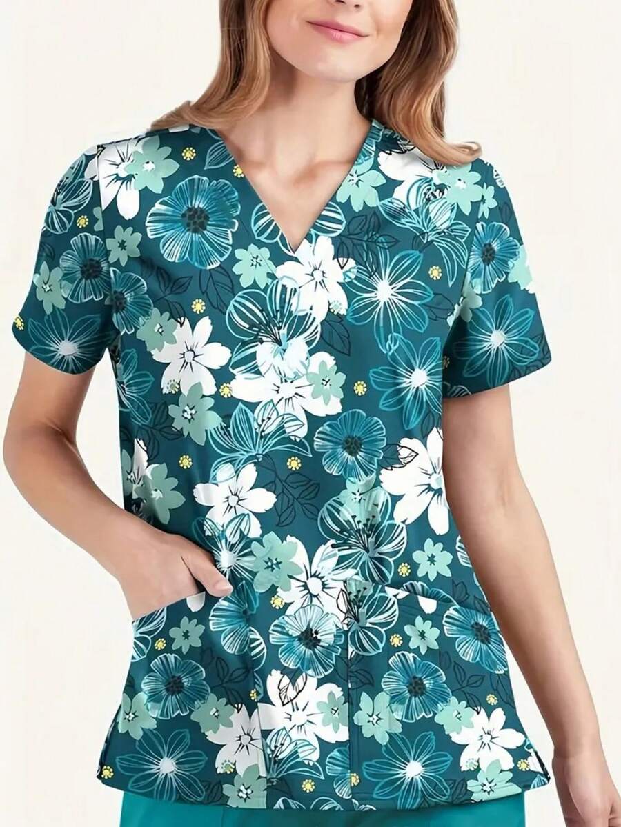 女款花卉印花V領短袖口袋刷手服上衣 春季度假秋季 - 彩色 - 查看 1