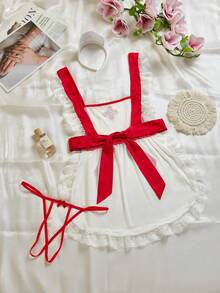 Roleplay Maid Nurse Costume Set: Lace Patchwork Sheer Mesh Halter Dress + Panties + Headband - 白色 - 查看 7