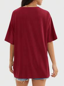 Speed mate Women's Solid Color Round Neck Loose Casual T-Shirt - Burgundy - View 6
