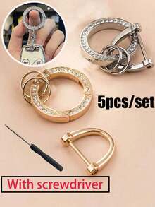5pcs/Set Loop D-Rings Screw In Shackle Diamond Spring Ring Split Ring Metal Car Keychain Diy Parts Accessories,Bling Bling Rhinestones Car Keychain, Carabiner, Keychain, Key Ring, Charm Chain - Multicolor - View 2